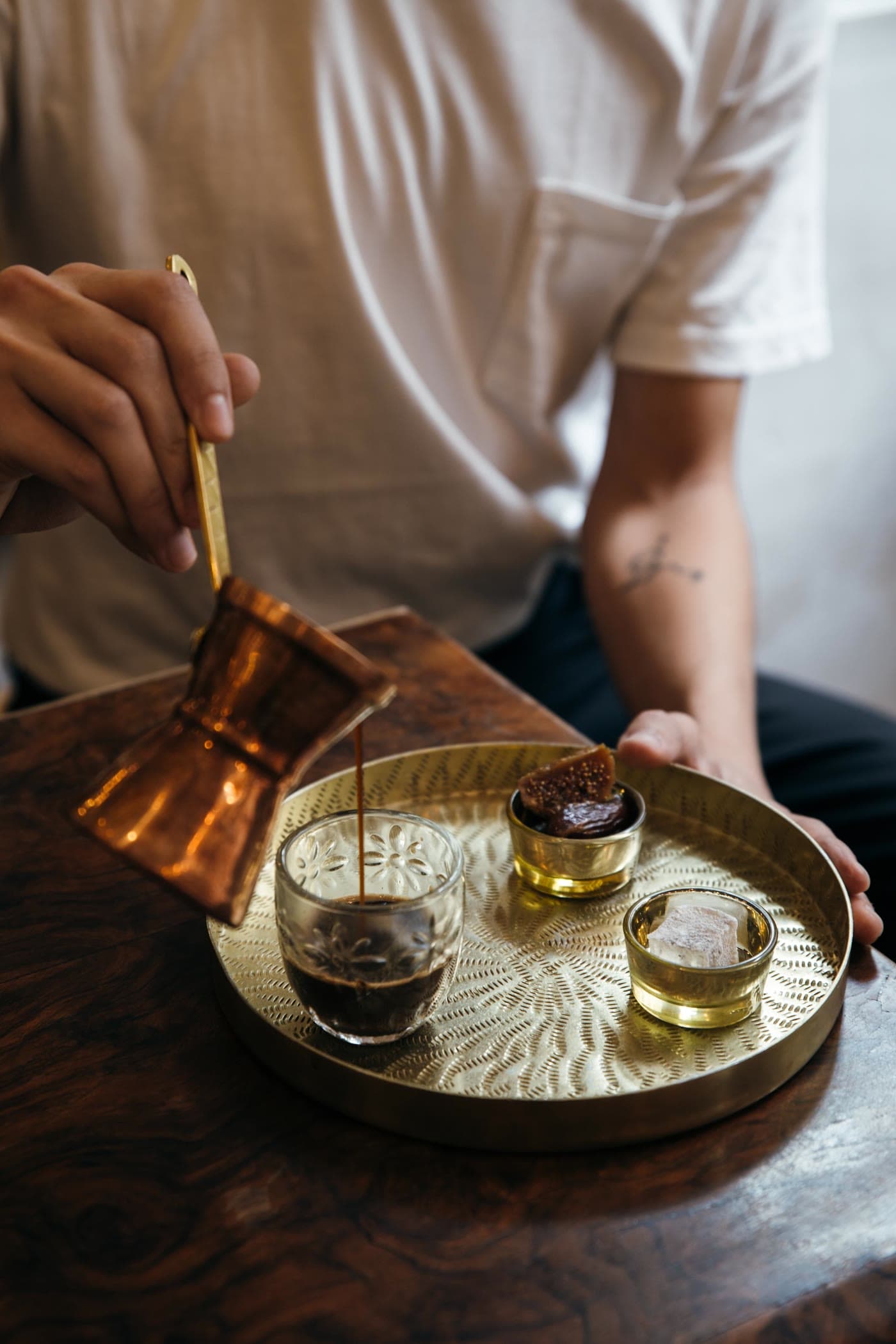 Copper ibrik on the flame for Balkan coffee, IBRIK KITCHEN, Paris 2nd
